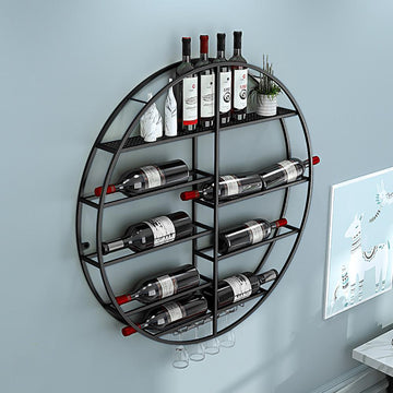 Modern Round Wall Mounted Metal Black Wine Rack